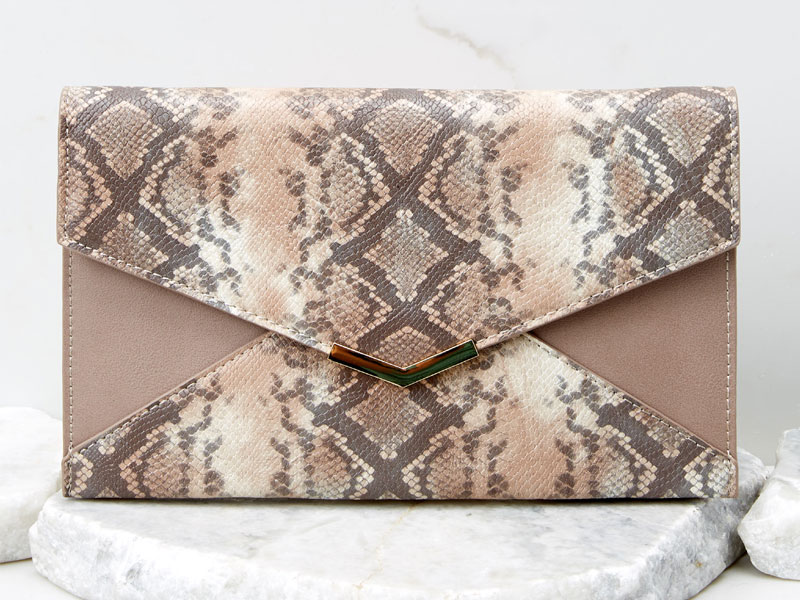 Women's Sleek Selection Beige Snakeskin Clutch