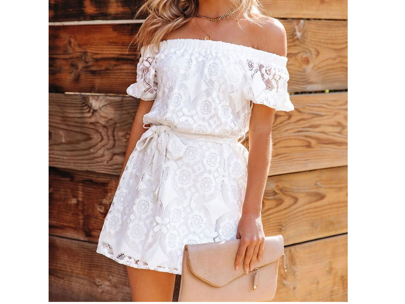 White Skater Dresses Lace Off-The-Shoulder Ruffles Sexy Short Sleeves Flared