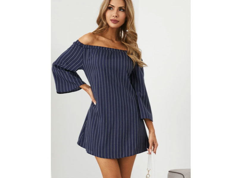 Women's Navy Sexy Off Shoulder Lace Up Stripe Pattern Mini Dress