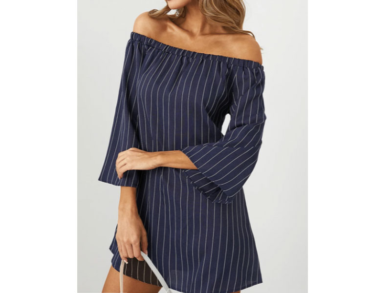 Women's Navy Sexy Off Shoulder Lace Up Stripe Pattern Mini Dress