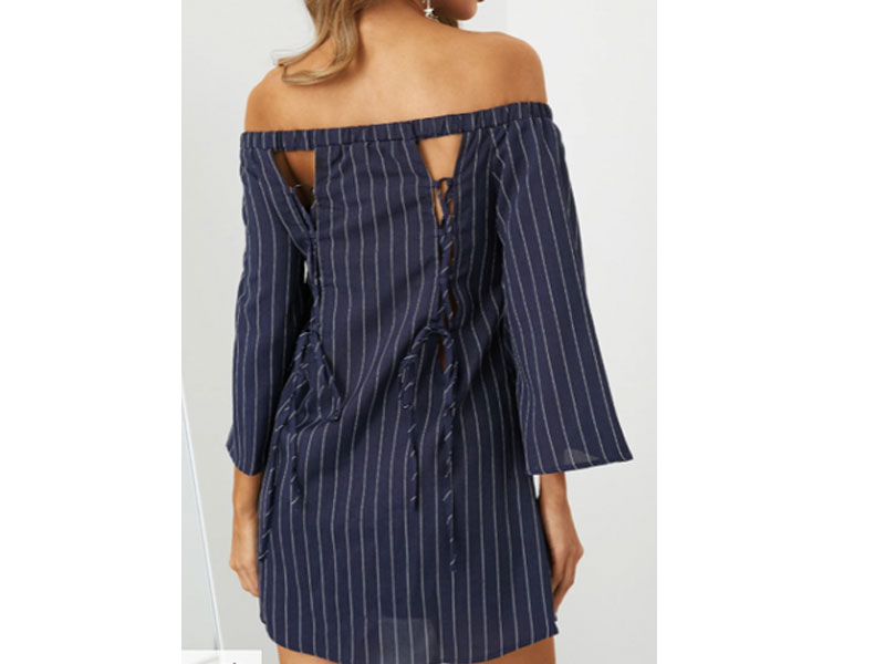 Women's Navy Sexy Off Shoulder Lace Up Stripe Pattern Mini Dress