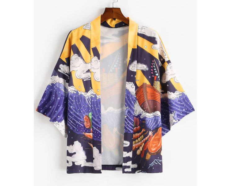 Women's Ocean Waves Boat BBQ Print Open Front Kimono Cardigan Lapis Blue Xl