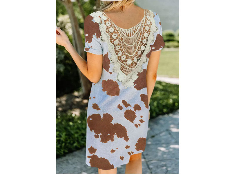 Women's Western Cow Twist Lace Splicing Open Back Mini Dress Light Brown