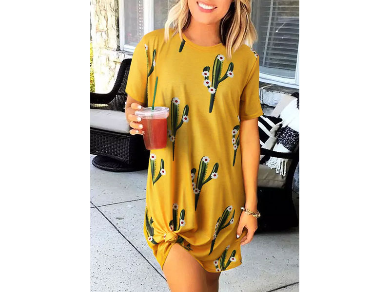 Women's Western Cactus Floral O-Neck Mini Dress Yellow