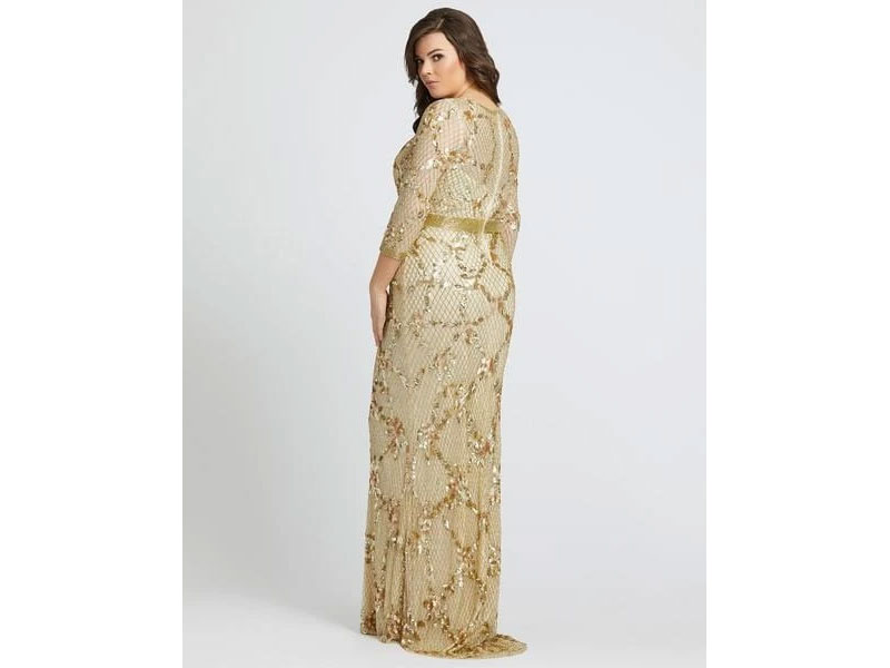 Women's Ac Duggal Fabulouss Gold Sequined V-Neck Trumpet Gown Dress