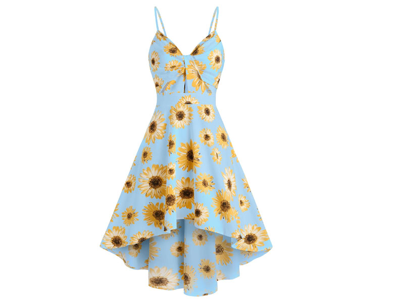 Women's Sunflower Print Spaghetti Strap High Low Dress