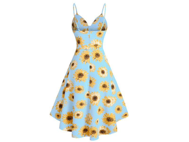 Women's Sunflower Print Spaghetti Strap High Low Dress