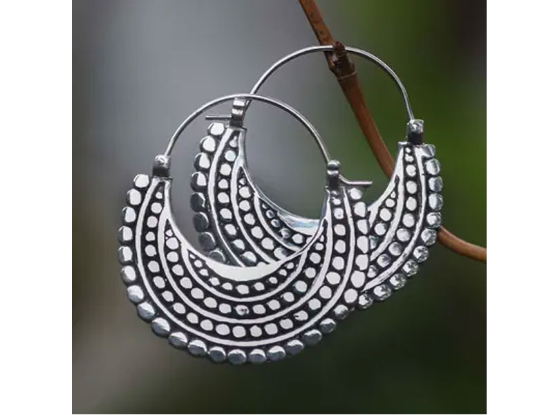 Women's Artisan Crafted Sterling Silver Hoop Style Earrings Moon Sliver