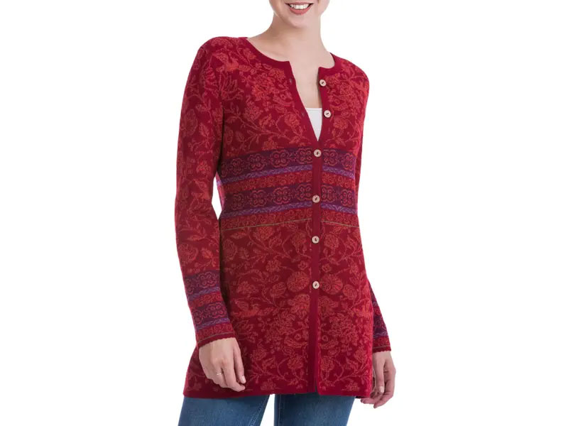 Women's 100% Alpaca Cardigan in Cherry Red Floral From Peru Cherry Red Romance