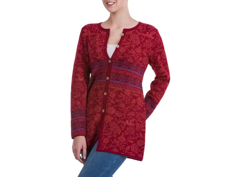 Women's 100% Alpaca Cardigan in Cherry Red Floral From Peru Cherry Red Romance