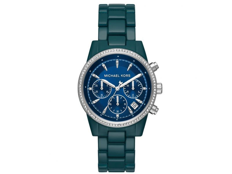 Ladies' Michael Kors Ritz Chronograph Pavé Teal Stainless Steel Bracelet Watch