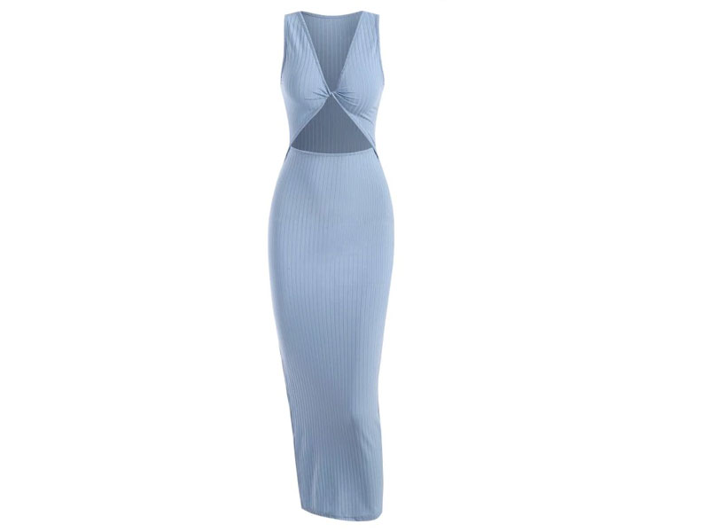 Women's Rib-knit Twist Cutout Split Side Slinky Tank Dress Light Blue S