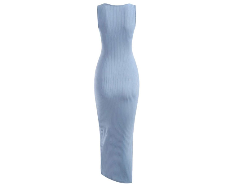 Women's Rib-knit Twist Cutout Split Side Slinky Tank Dress Light Blue S