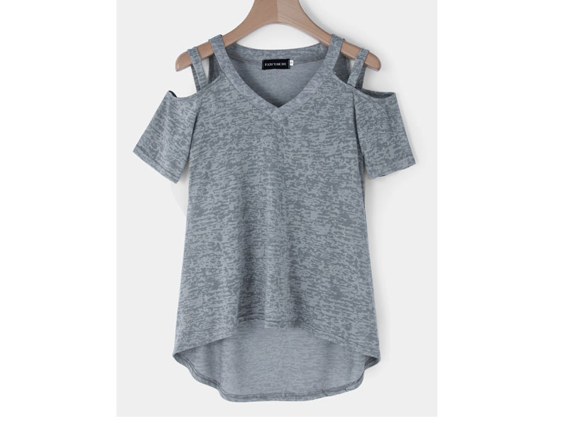 Women's Grey Lowcut V-neck Cutout Cold Shoulder T-shirts