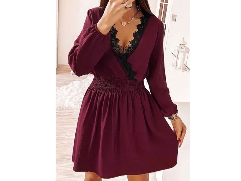 Women's Lace Splicing Ruffled Elastic Waist Mini Dress Burgundy