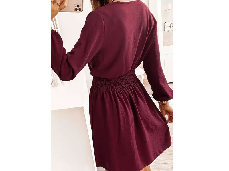 Women's Lace Splicing Ruffled Elastic Waist Mini Dress Burgundy