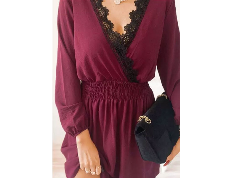 Women's Lace Splicing Ruffled Elastic Waist Mini Dress Burgundy