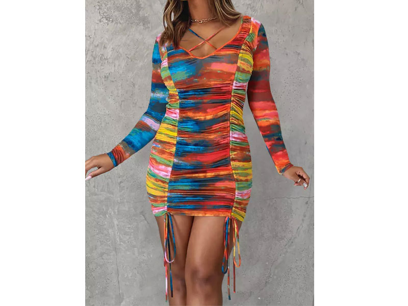 Women's Tie Dye Ruched Tie Criss-Cross Open Back Bodycon Dress