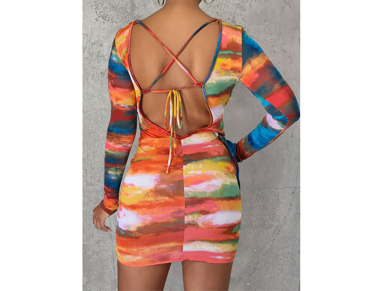 Women's Tie Dye Ruched Tie Criss-Cross Open Back Bodycon Dress