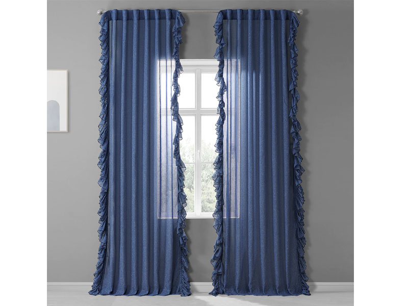 Blue Lapis Faux Linen Ruffle Sheer Curtain