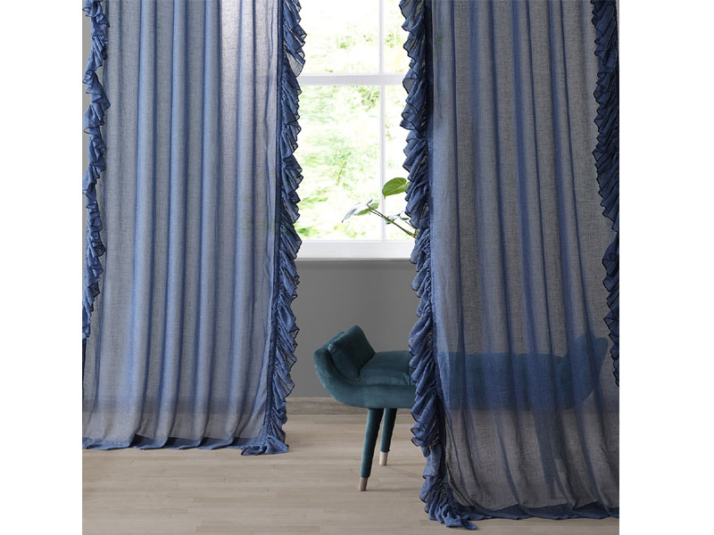 Blue Lapis Faux Linen Ruffle Sheer Curtain