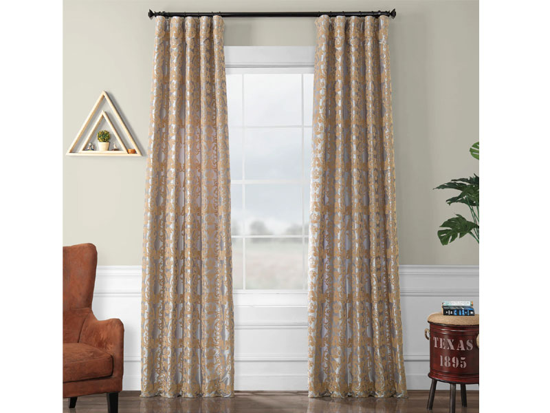 Firenze Platinum & Gold Flocked Faux Silk Curtain