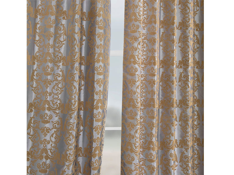 Firenze Platinum & Gold Flocked Faux Silk Curtain