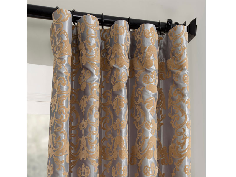 Firenze Platinum & Gold Flocked Faux Silk Curtain