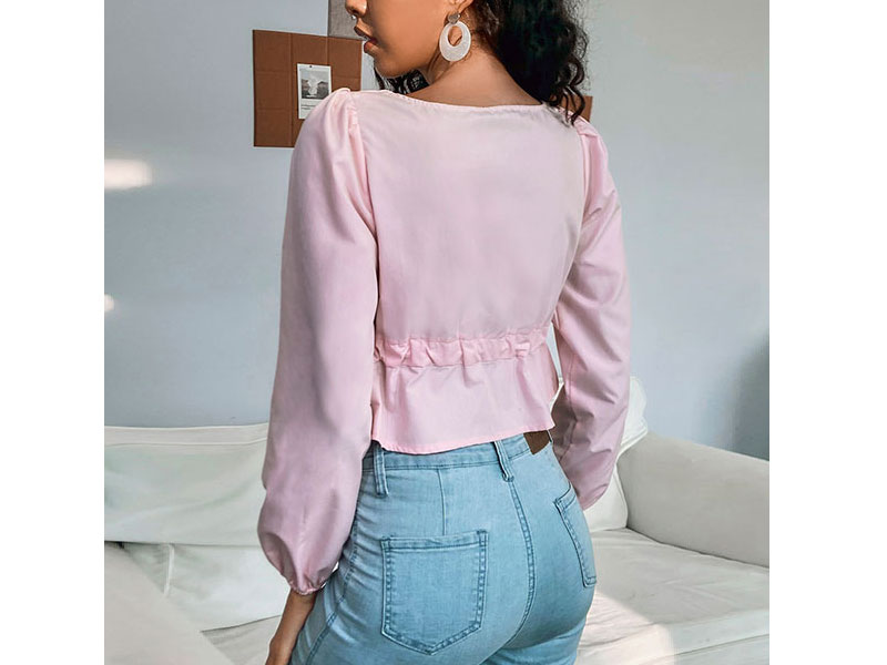 Women's Blouse Light Pink Polyester Sweetheart Neck Long Sleeves Casual Tops