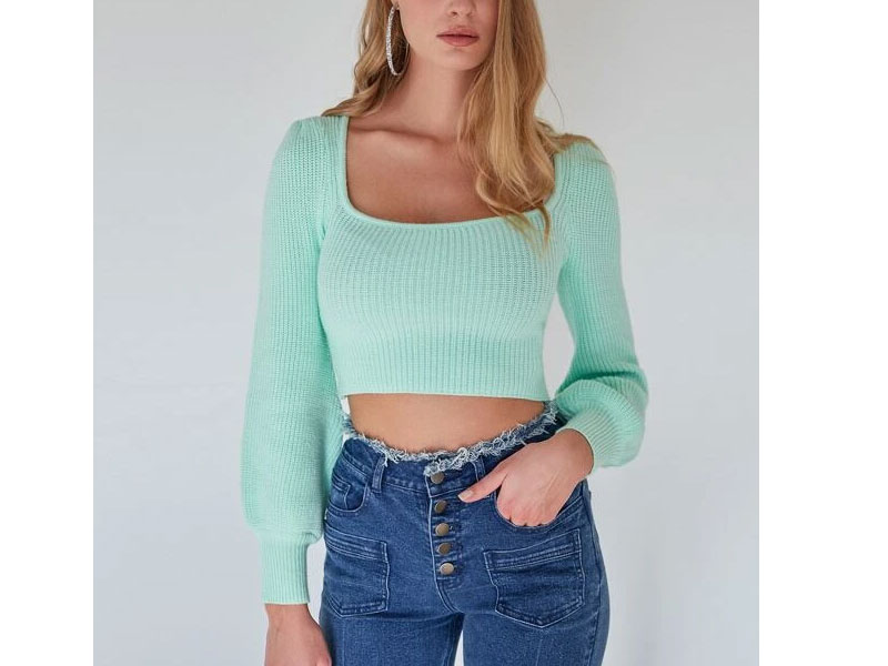 Women's Motf Premium Ribbed Sqaure Neck Cropped Sweater