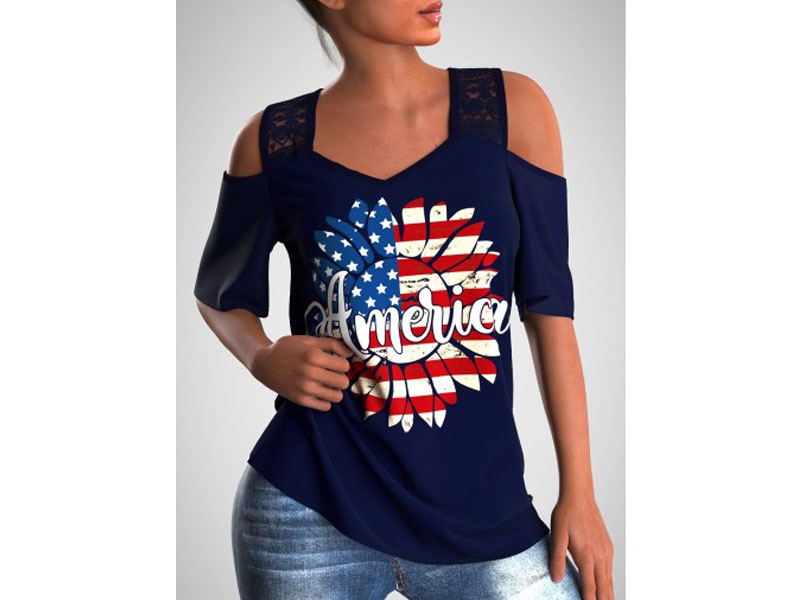 Women's American Flag Print Lace Stitching Cold Shoulder T Shirt