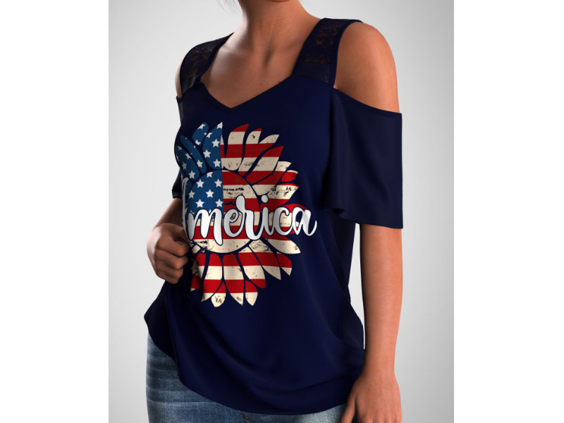 Women's American Flag Print Lace Stitching Cold Shoulder T Shirt