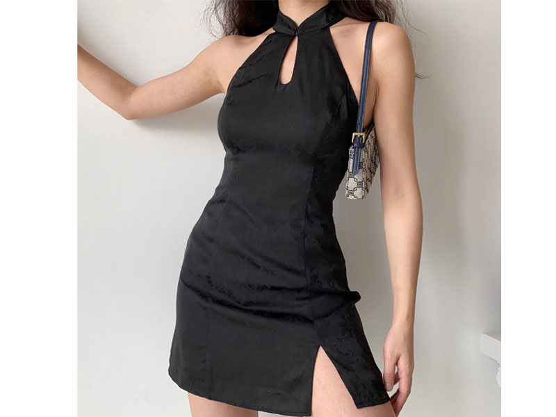 Improved Cheongsam Halterneck Dress Female Slim And Thin Hollow Slit Short Skirt