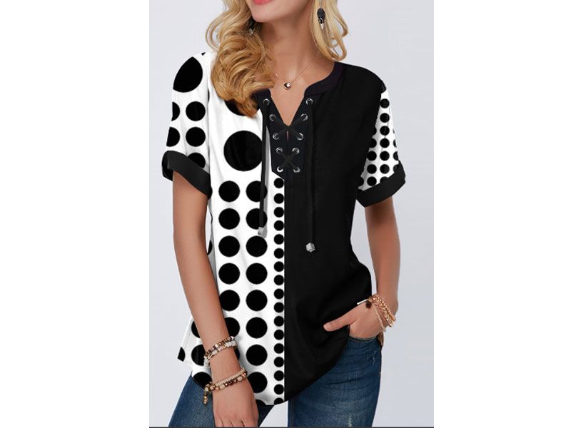 Women's Polka Dot Short Sleeve Lace Up Blouse