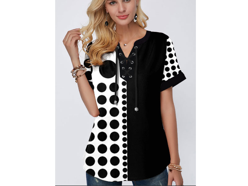 Women's Polka Dot Short Sleeve Lace Up Blouse