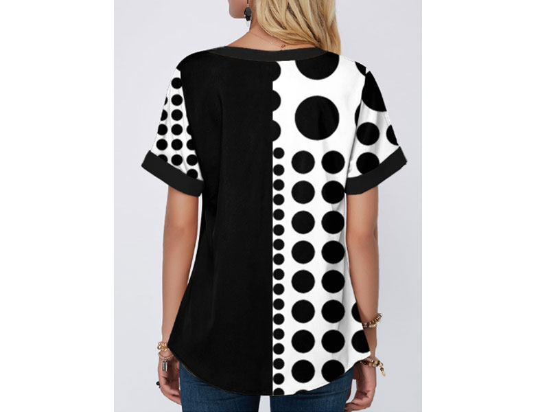 Women's Polka Dot Short Sleeve Lace Up Blouse