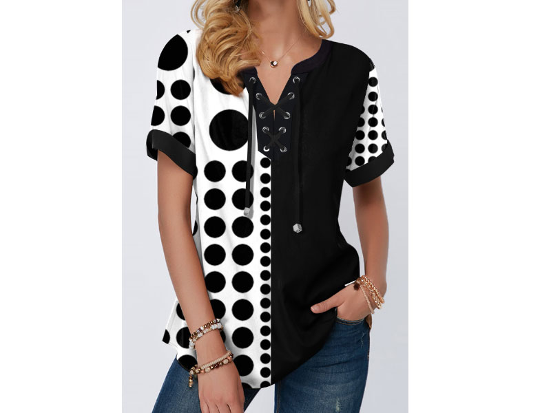 Women's Polka Dot Short Sleeve Lace Up Blouse