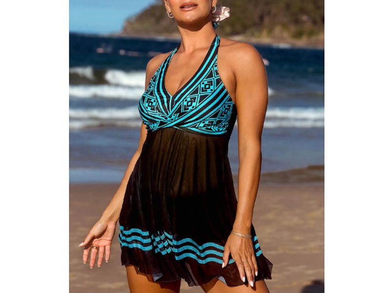 Rotita Halter Tribal Print Mesh Stitching Swimdress For Women