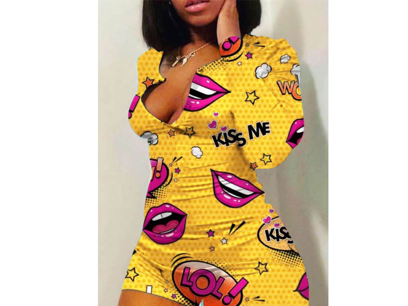 Women's Lovely Leisure Lip Print Yellow One-piece Romper