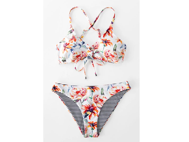 Women's Floral And Striped Reversible Bikini