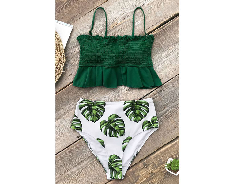 Women's Smocked Green and Monstera High Waisted Bikini