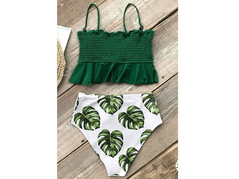 Women's Smocked Green and Monstera High Waisted Bikini