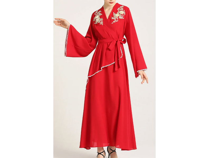 Women's Red Pinafore Applique Detailing Abaya