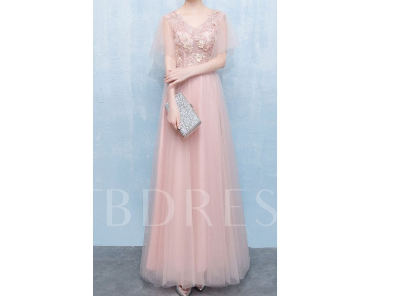 Women's Appliques A-Line Floor-Length V-Neck Rose Quartz Dress Prom Dress