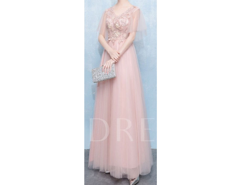 Women's Appliques A-Line Floor-Length V-Neck Rose Quartz Dress Prom Dress