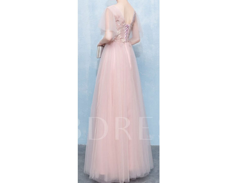 Women's Appliques A-Line Floor-Length V-Neck Rose Quartz Dress Prom Dress