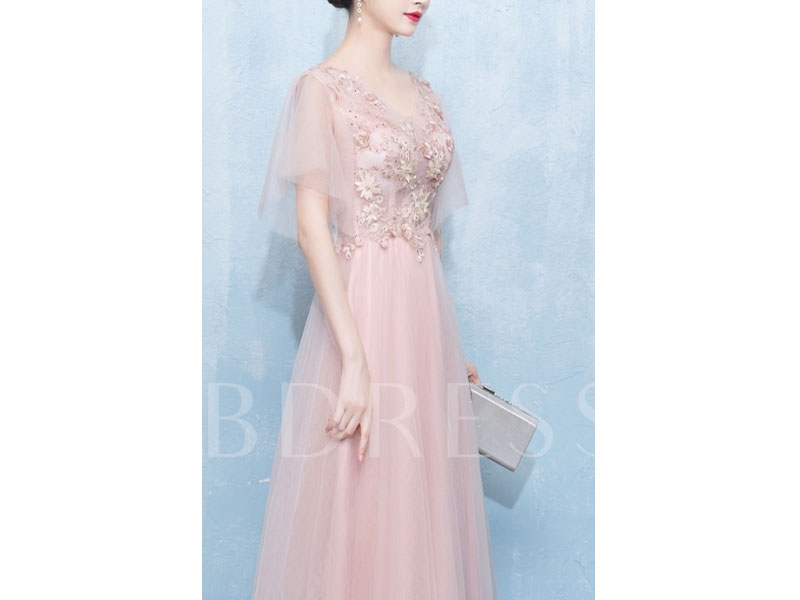 Women's Appliques A-Line Floor-Length V-Neck Rose Quartz Dress Prom Dress