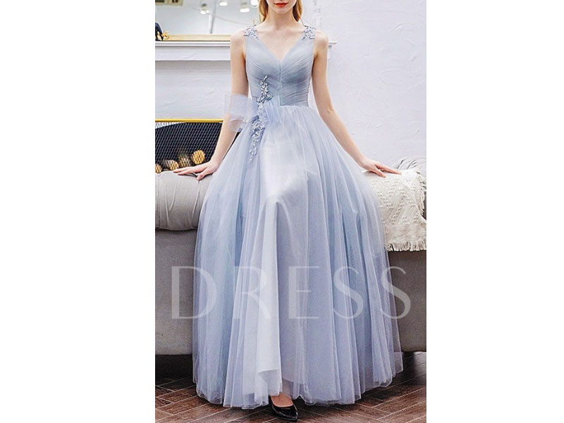 Women's A-Line Appliques V-Neck Sleeveless Prom Dress 2021