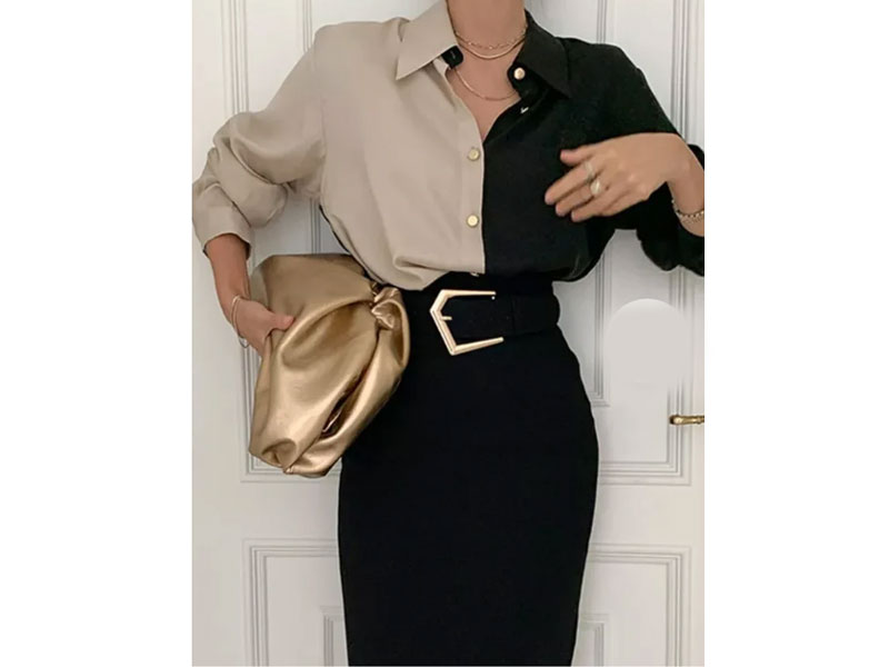 Women's Shirt Collar Color-Block Long Sleeve Plain Blouse