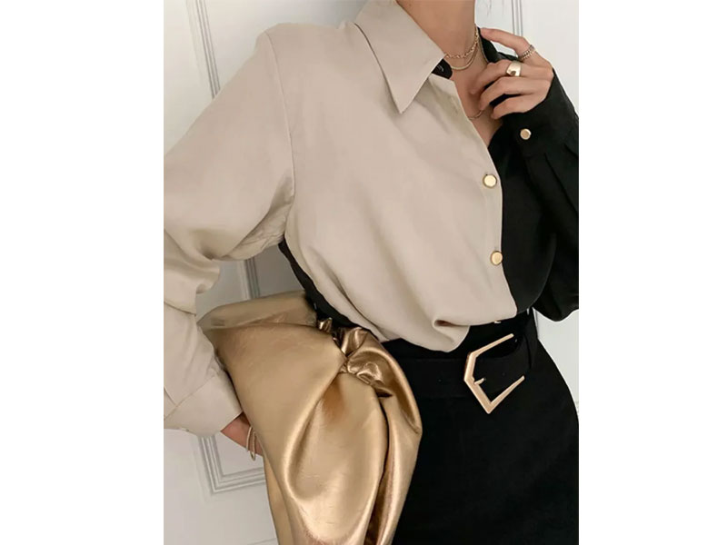 Women's Shirt Collar Color-Block Long Sleeve Plain Blouse